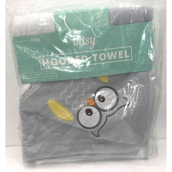 Bitsy Hooded Towel Gray Owl Design Baby Toddler Bath Swim Beach Pool Essential - Picture 2 of 6